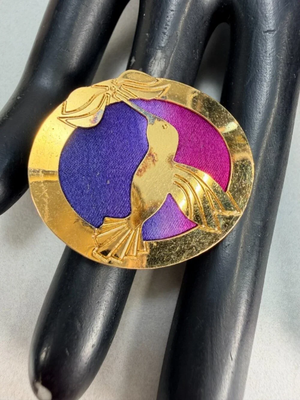 Vintage Mid Century Hummingbird Brooch Gold Tone Purple Pink Enamel Modernist